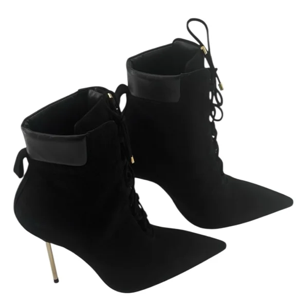1 - 3 Good American Women's Black Suede Lace-Up Heeled Boots (Pre-Owned) Size 9