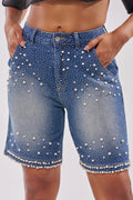 BLINGED OUT CARGO SHORTS IN MEDIUM BLUE DENIM.  XL