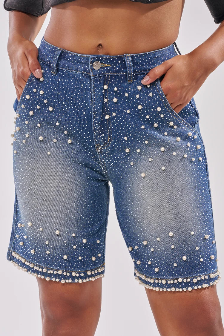 BLINGED OUT CARGO SHORTS IN MEDIUM BLUE DENIM.  XL