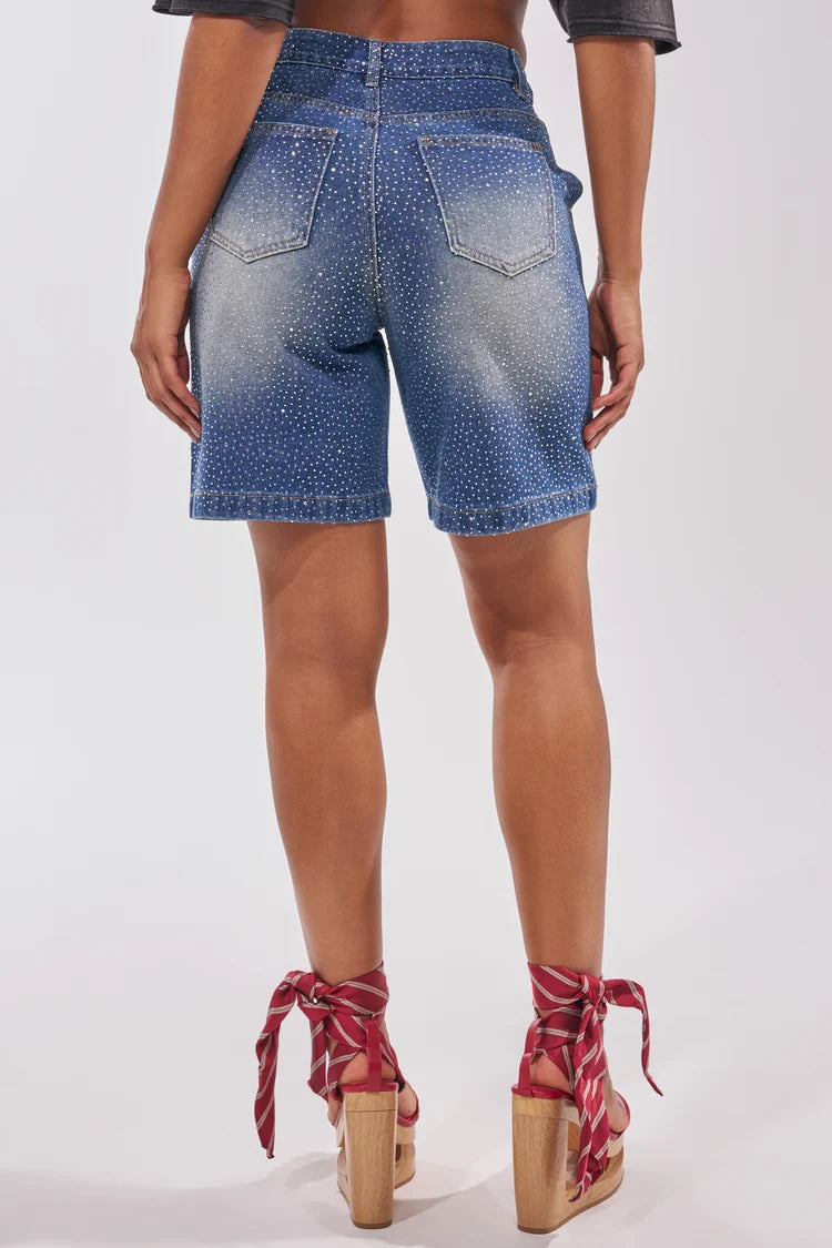 BLINGED OUT CARGO SHORTS IN MEDIUM BLUE DENIM.  XL