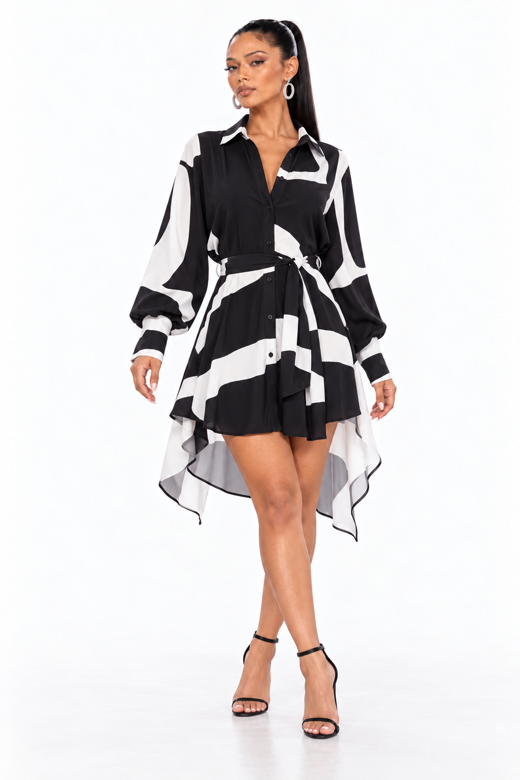 FN Jayde Button Up Mini Dress - Black/White