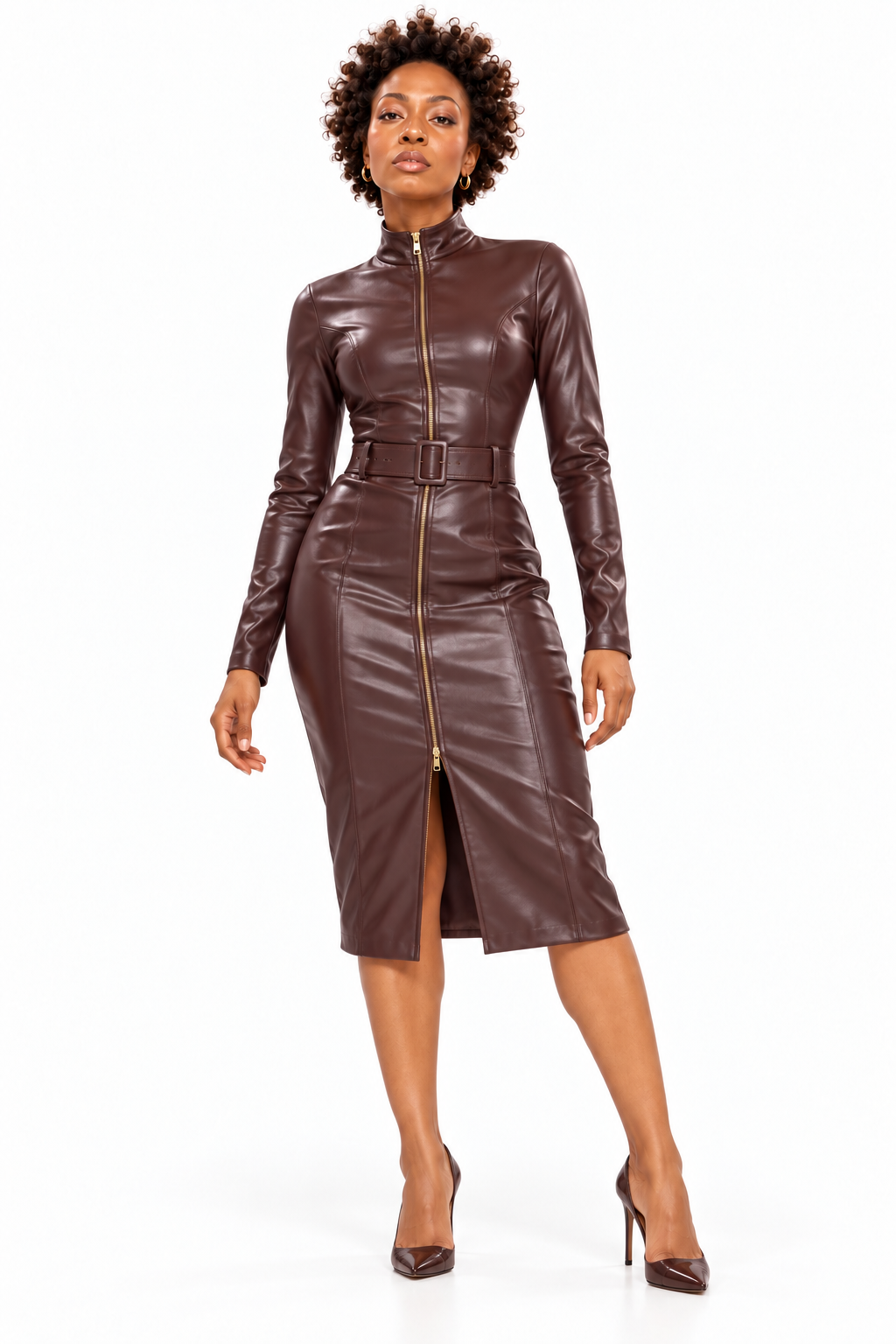 FN. Odelia Faux Leather Midi Dress - Chocolate. 1X