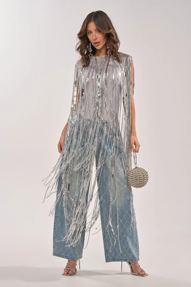 AKIRA Silver Metal DRIP CITY FRINGE TOP.  1X/2X