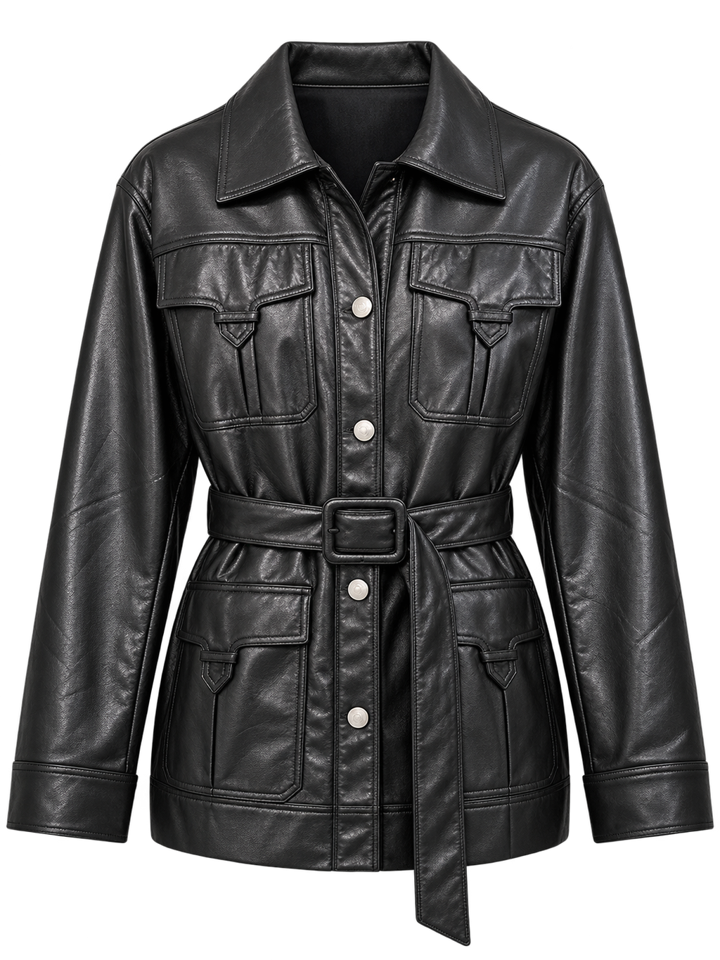 AK Black faux Leather Jacket w/ Belt.  L