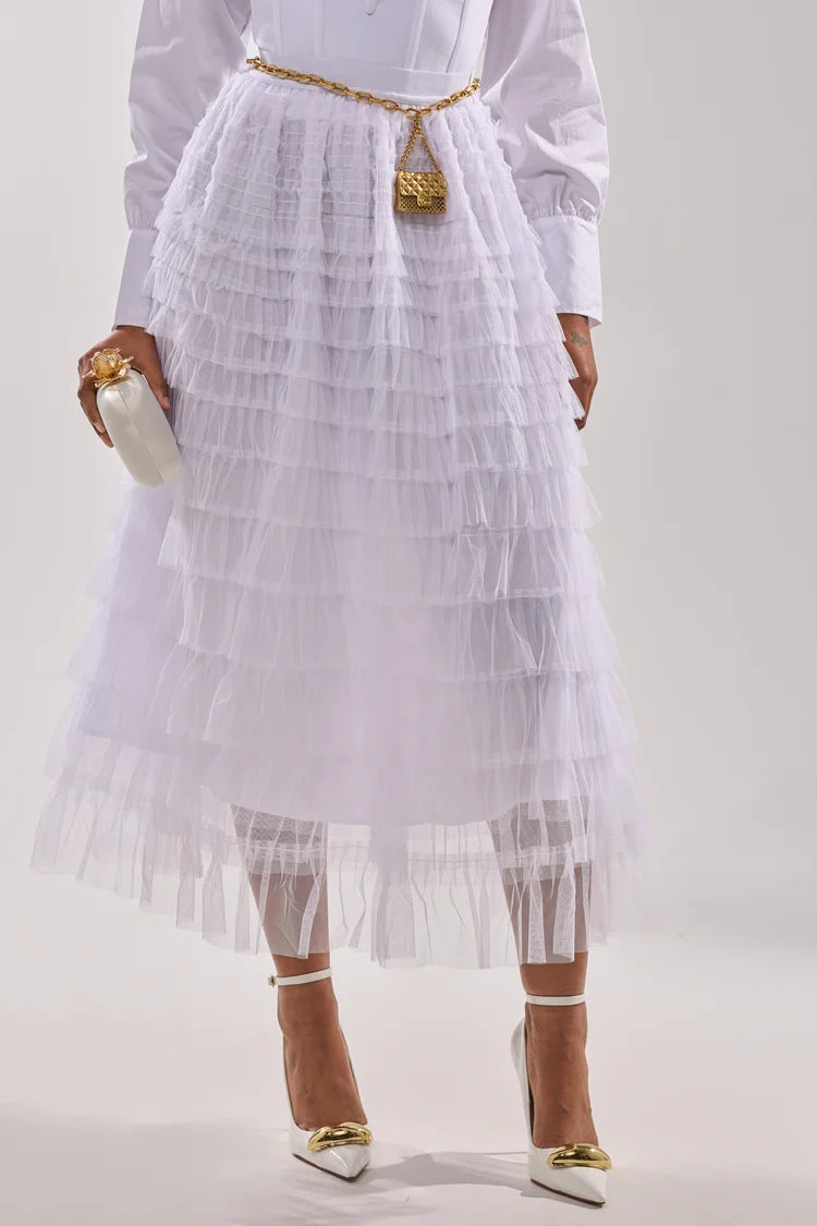 STARS ALIGNED MESH RUFFLE MAXI SKIRT IN WHITE S