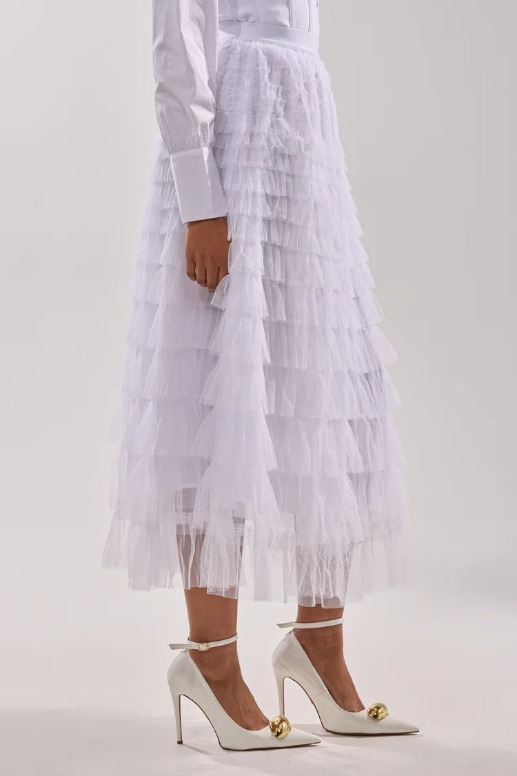 STARS ALIGNED MESH RUFFLE MAXI SKIRT IN WHITE S