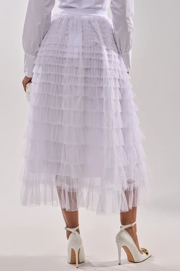 STARS ALIGNED MESH RUFFLE MAXI SKIRT IN WHITE S
