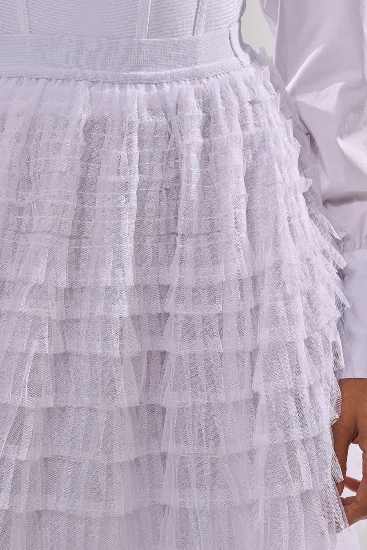 STARS ALIGNED MESH RUFFLE MAXI SKIRT IN WHITE S