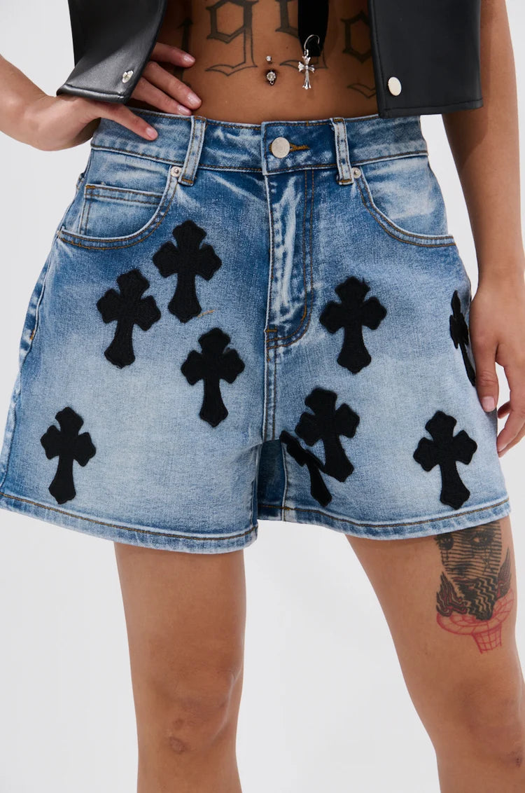 JAYDA CROSS DETAILED DENIM SHORT 1X