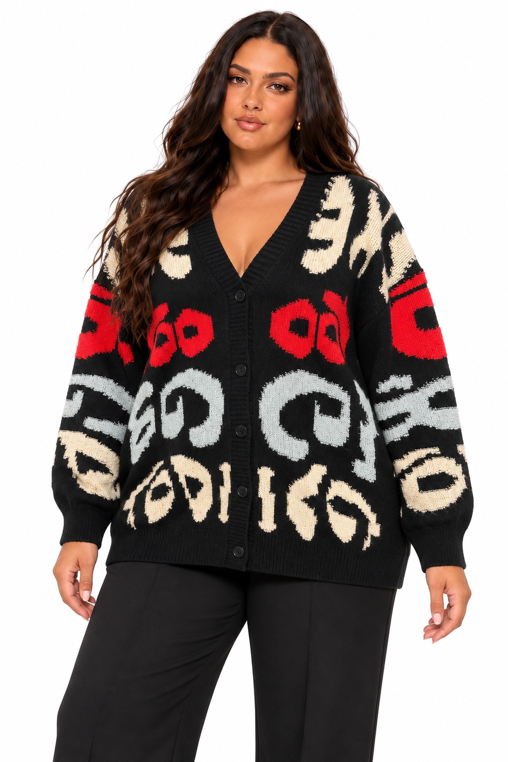 AKIRA RED AND BLACK HOUNDSTOOTH CARDIGAN TOP.