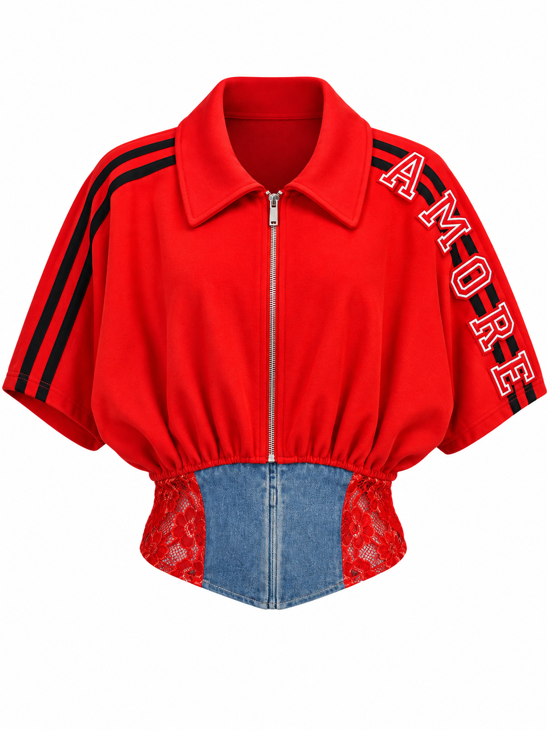 AKIRA. RED ZIP TOP WITH DENIM AND LACE WAIST. M