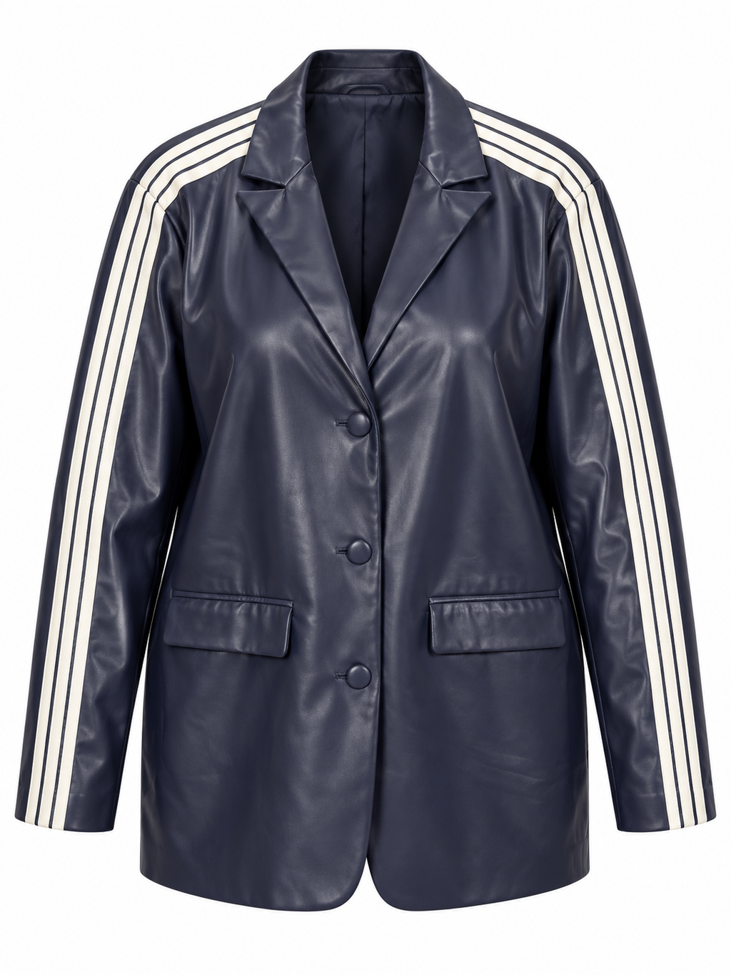 AKIRA BLUE FAUX LEATHER JACKET W/ WHITE SLEEVE STRIPES. XL