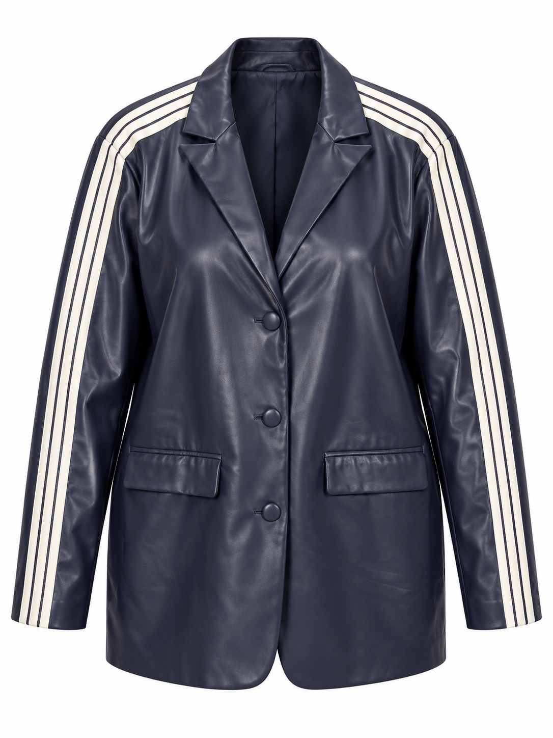 AKIRA BLUE FAUX LEATHER JACKET W/ WHITE SLEEVE STRIPES. XL