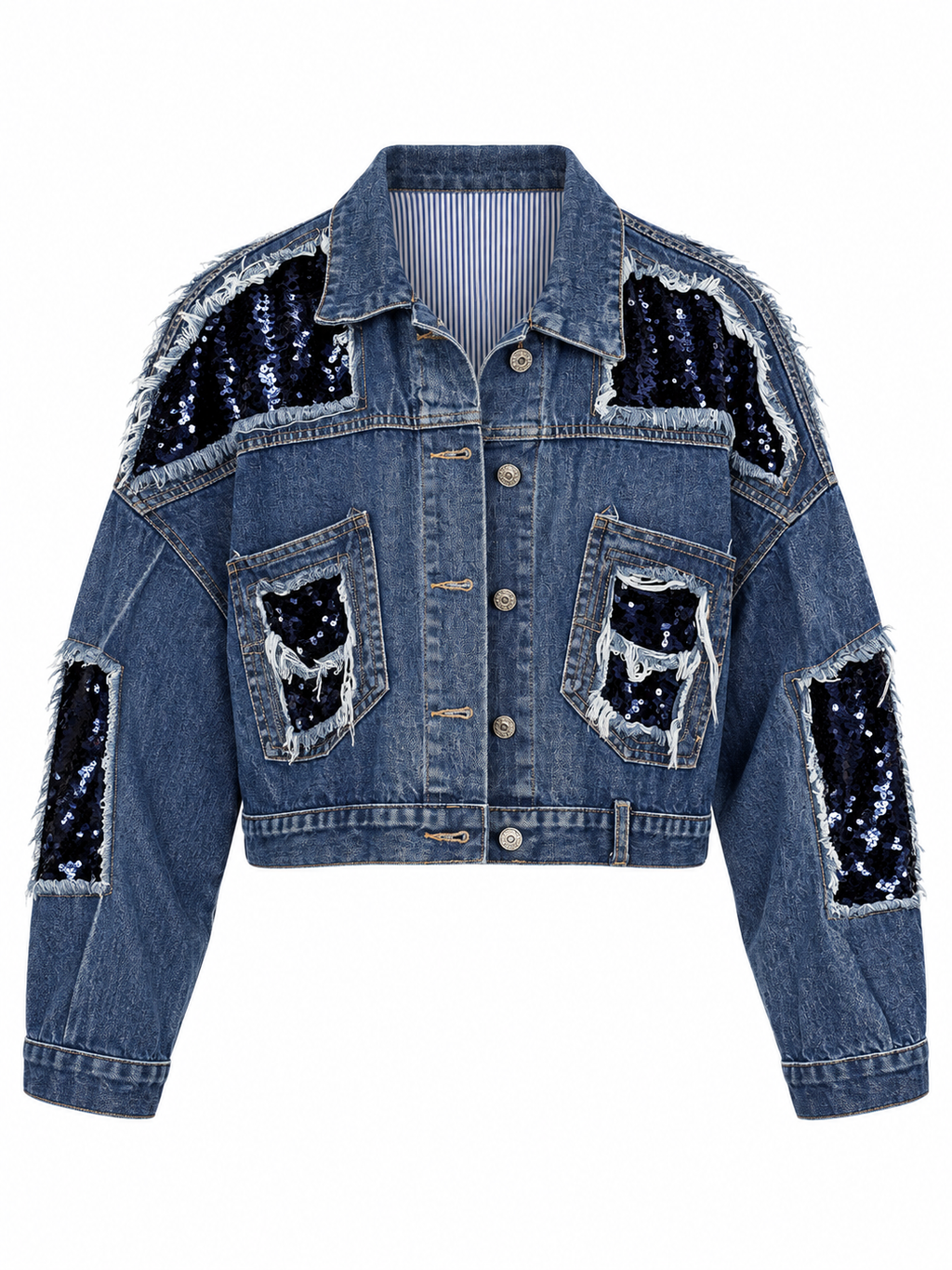 M2 BLUE DENIM DISTRESSED SEQUINED JACKET.   L
