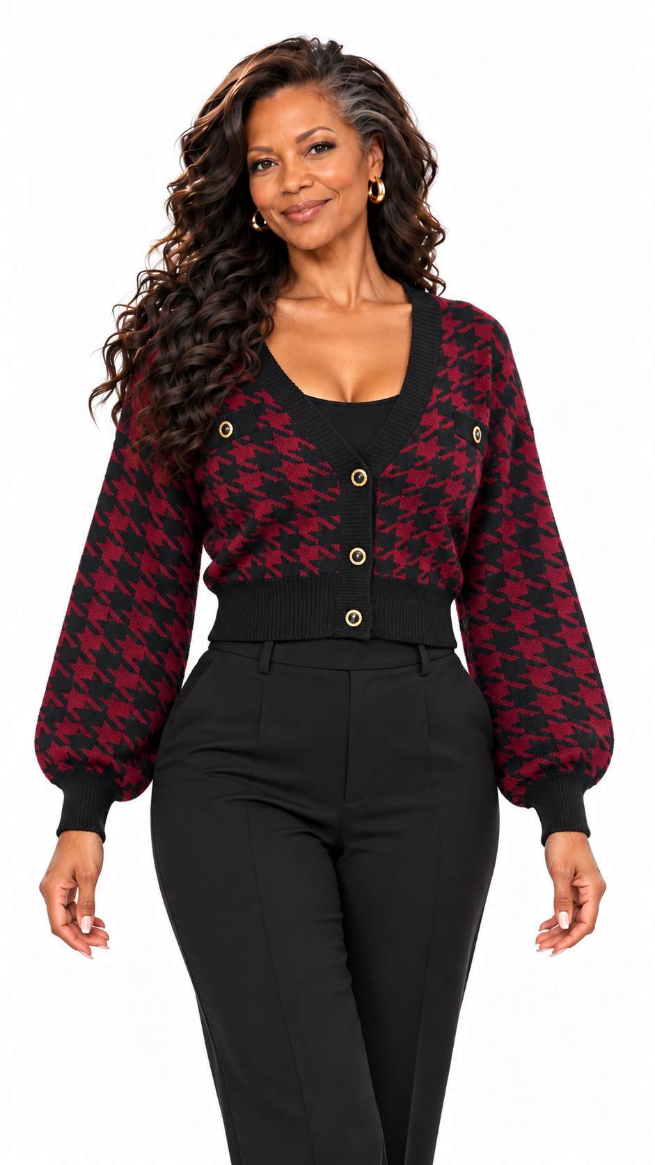 AKIRA Red and Black Houndstooth Cardigan.     XL