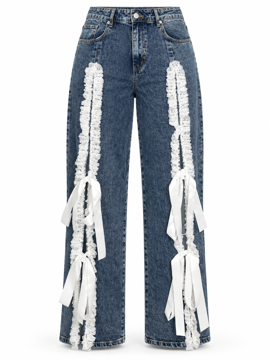 AKIRA BLUE DENIM JEANS WITH WHITE LACE AND RIBBONS. XL