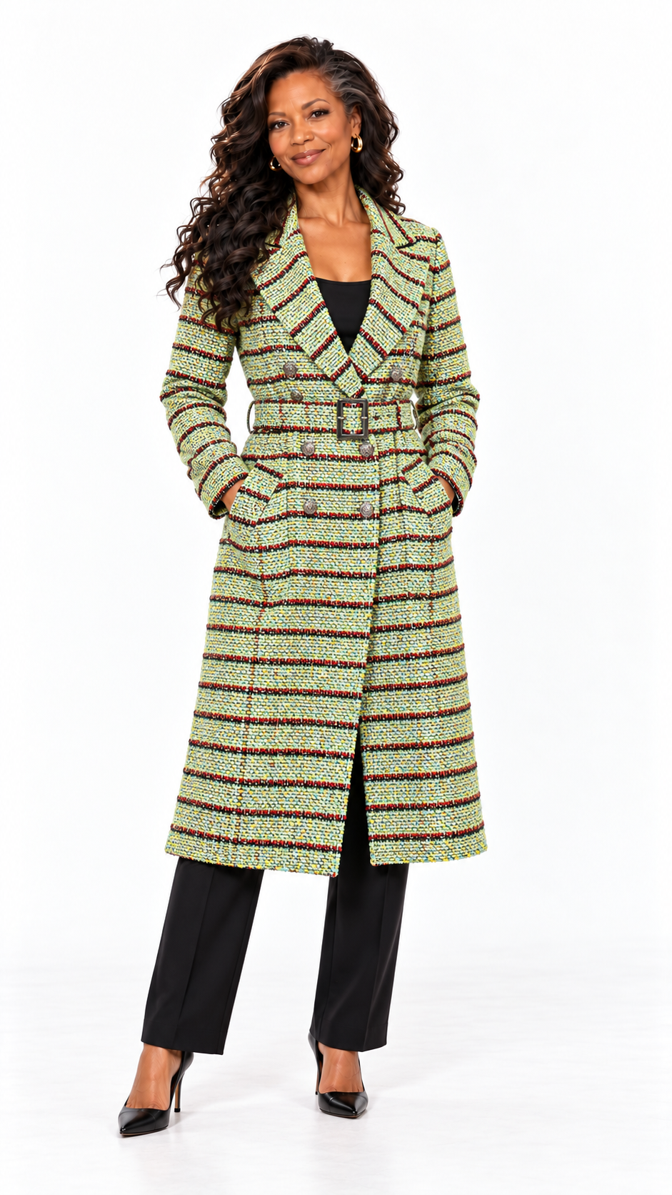 AKIRA GREEN NWITH RED TWEED OVERCOAT.