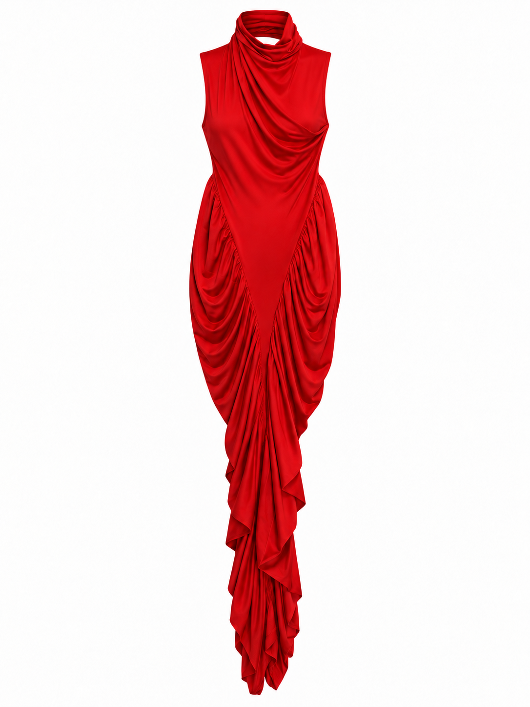 AKIRA RED RUCHED COWEL NECK HALTER DRESS. L