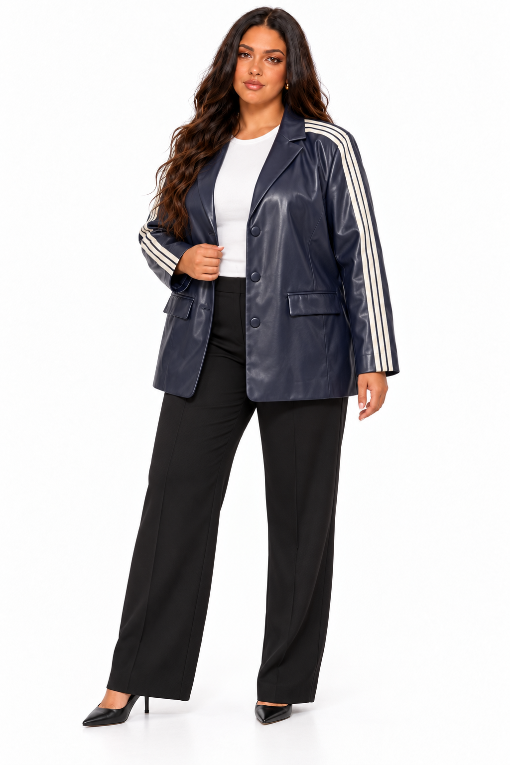 AKIRA BLUE FAUX LEATHER JACKET W/ WHITE SLEEVE STRIPES. XL