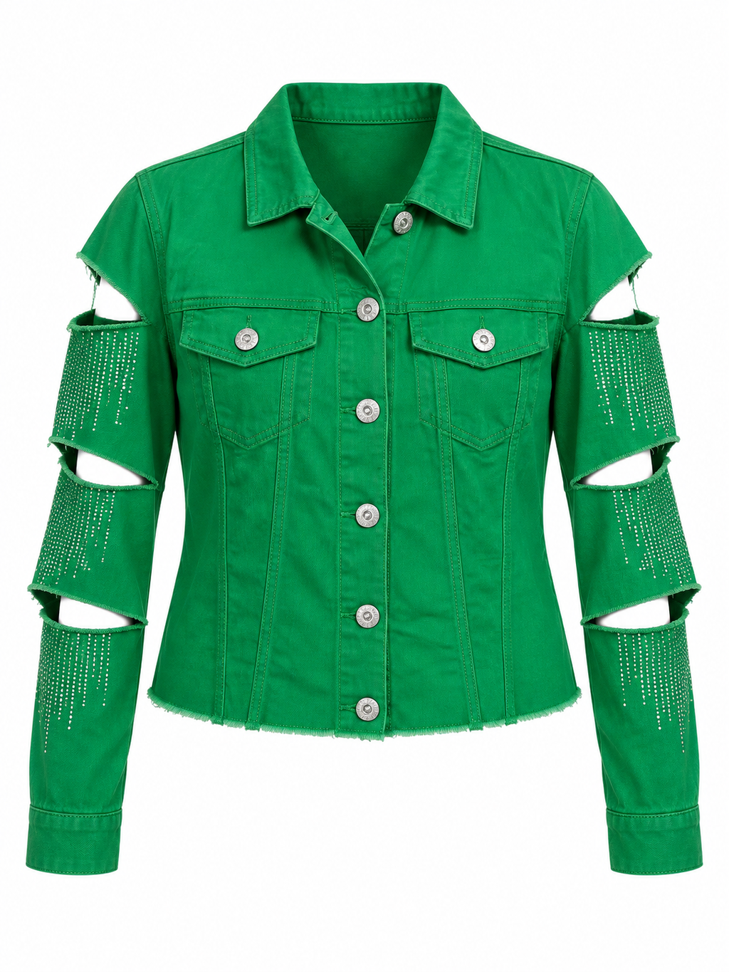 AS GREEN DISTRESSED DENIM RHINESTONE JACKET.  14/16