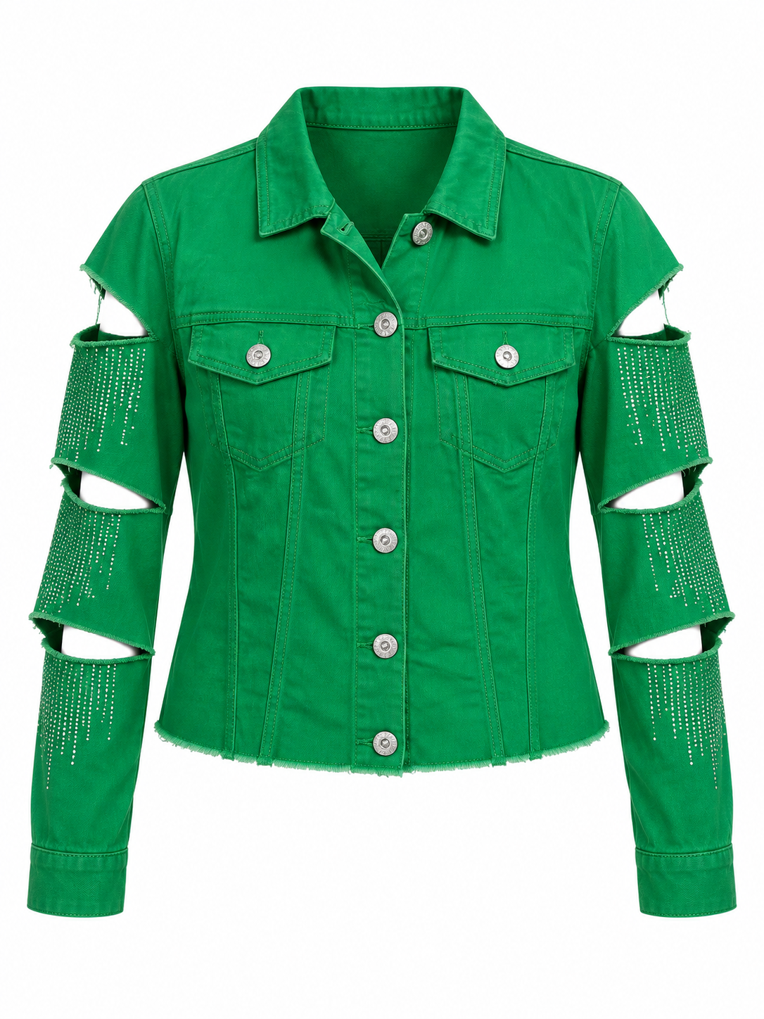 AS GREEN DISTRESSED DENIM RHINESTONE JACKET.  14/16