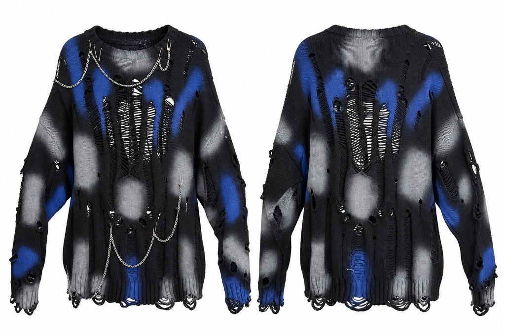 AKIRA BLUE AND BLACK DISTRESSED SWEATER WITH PINS/CHAINS.  XL
