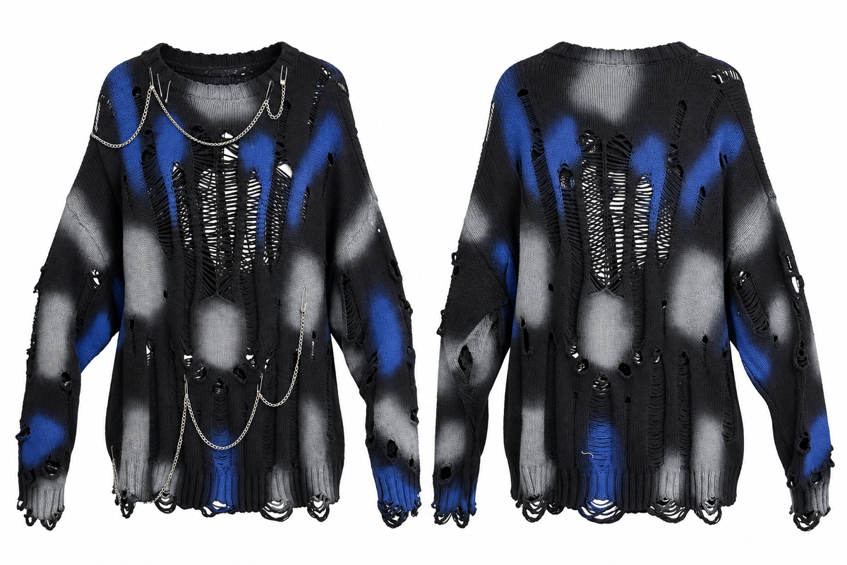 AKIRA BLUE AND BLACK DISTRESSED SWEATER WITH PINS/CHAINS.  XL