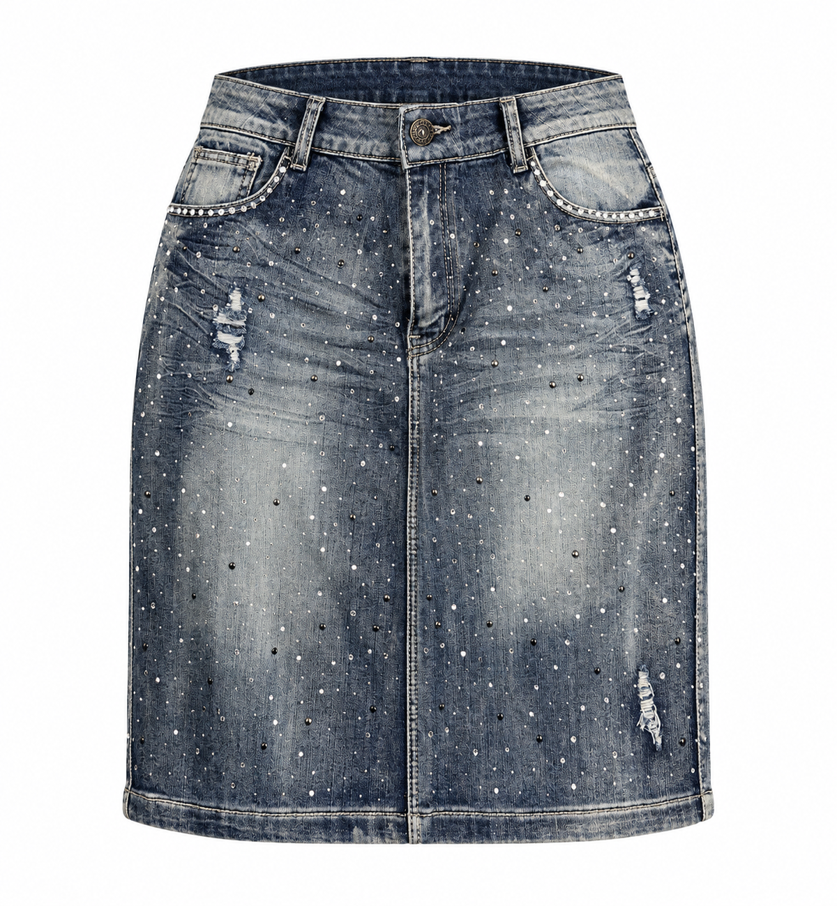 AS BLUE EMBELLISHED DISTRESSED DENIM SKIRT.    20W