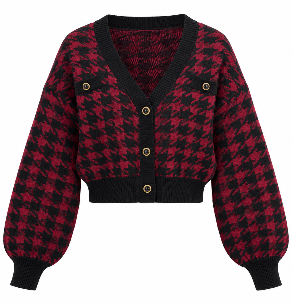 AKIRA Red and Black Houndstooth Cardigan.     XL