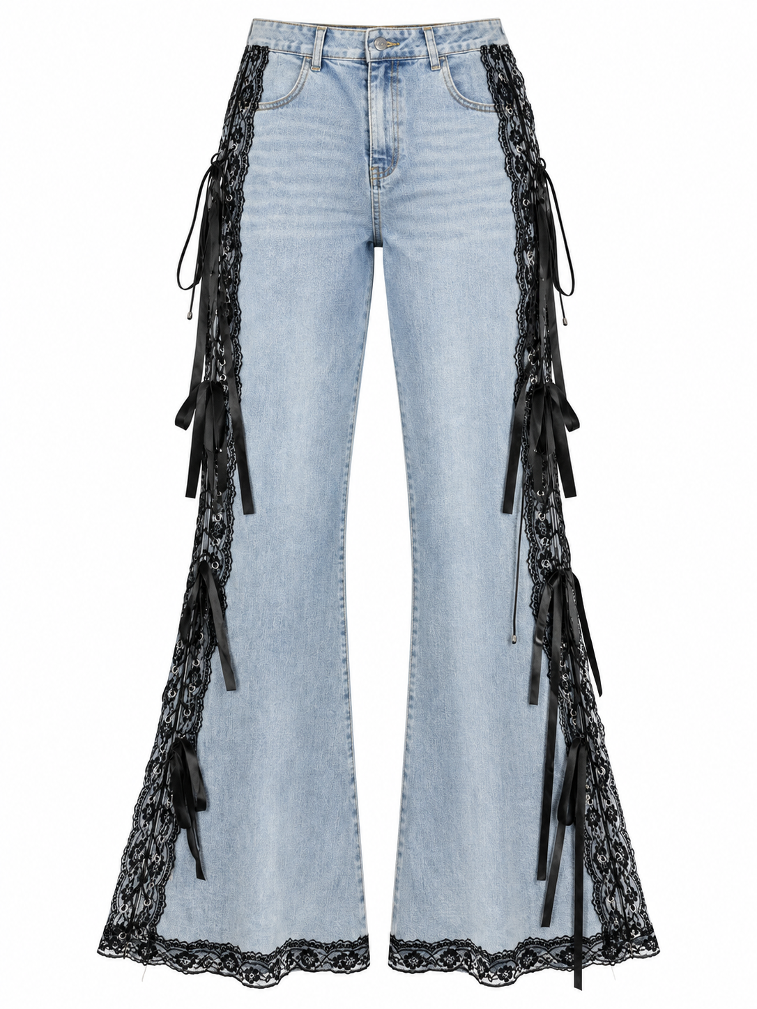 AKIRA BLUE DENIM JEANS WITH BLACK LACE AND RIBBON TRIM. 2X