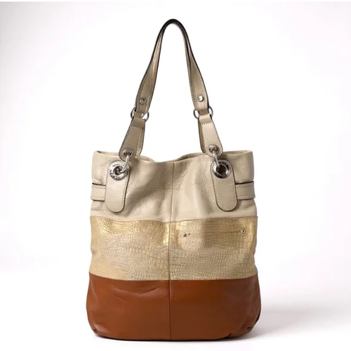 1 - 6  B. Makowsky (Pre-Owned) Women’s Leather Tote Bag Brown/Gold/Tan One Size
