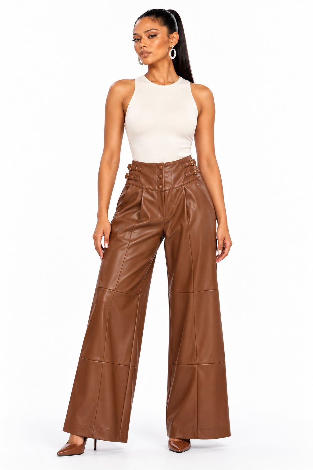 AKIRA BROWN FAUX LEATHER WIDE LEG PANTS   L