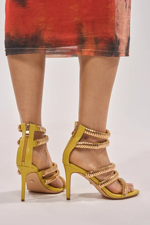 AZALEA WANG MILA CITRON YELLOW GOLD HARDWARE EMBELLISHED STRAPPY STILETTO SANDAL 11