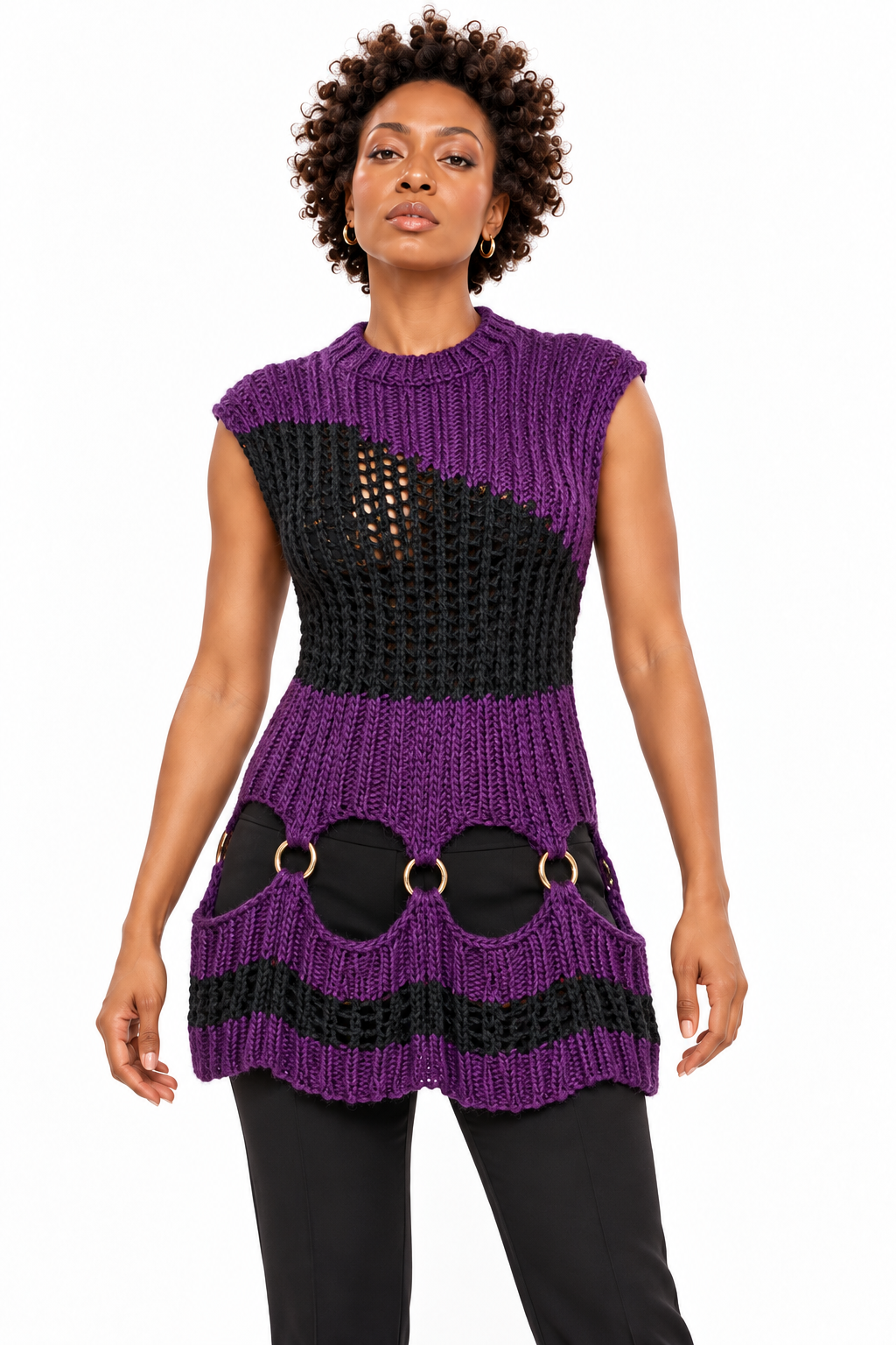 AKIRA PURPLE & BLACK RING KNIT SWEATEWR TOP.  L/XL
