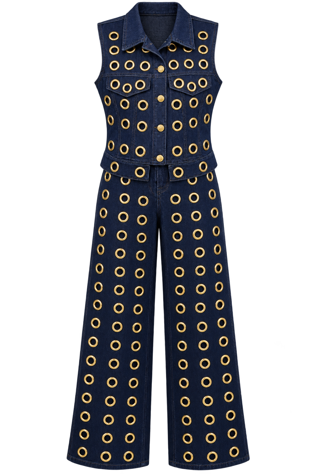 AKIRA 2PC DARK BLUE DENIM PANTS SUIT  WITH GOLD GROMMETS.  1X