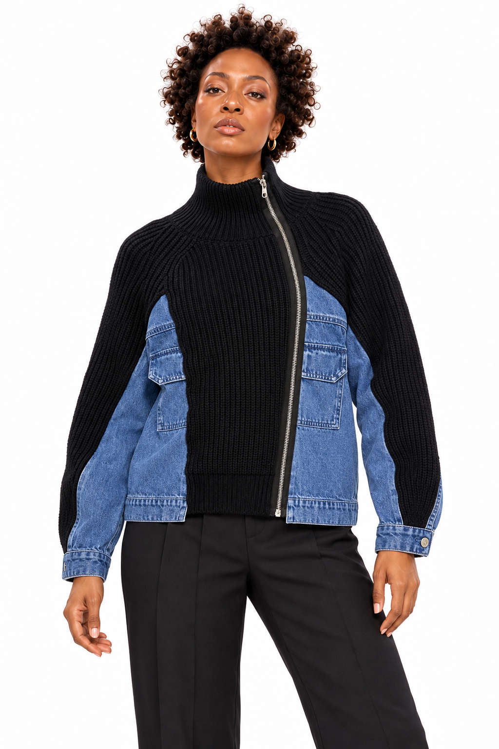 AKIRA Black and Blue Denim and Knit Jacket.   L