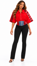 AKIRA. RED ZIP TOP WITH DENIM AND LACE WAIST. M