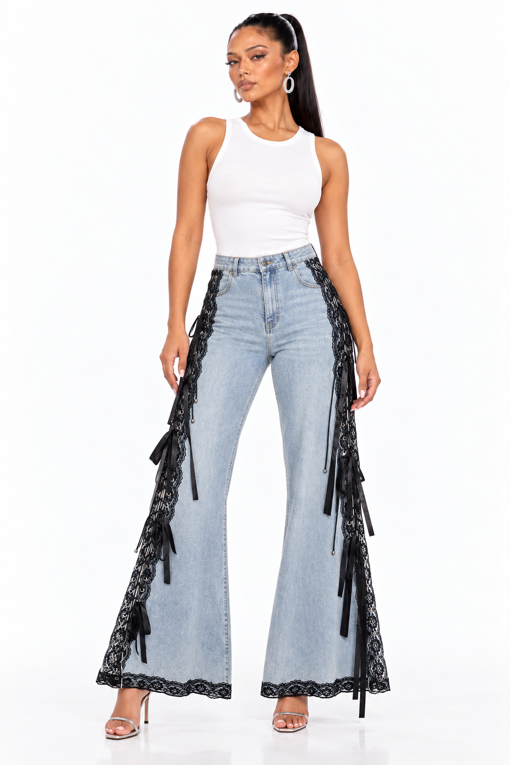 AKIRA BLUE DENIM JEANS WITH BLACK LACE AND RIBBON TRIM. 2X