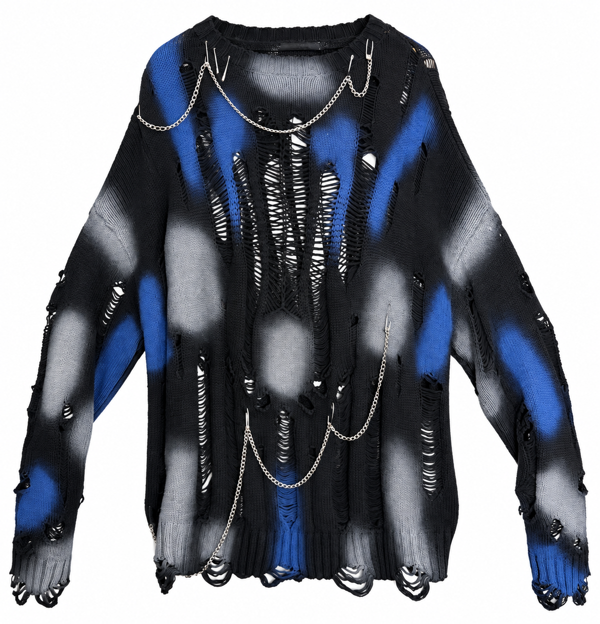 AKIRA BLUE AND BLACK DISTRESSED SWEATER WITH PINS/CHAINS.  XL