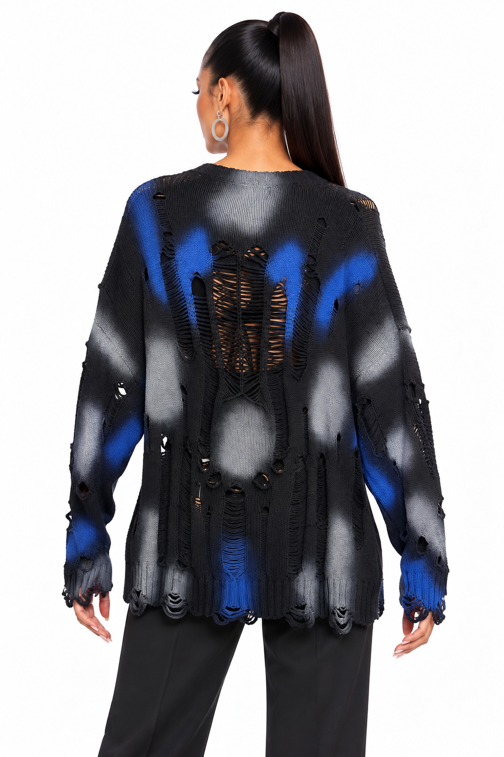 AKIRA BLUE AND BLACK DISTRESSED SWEATER WITH PINS/CHAINS.  XL