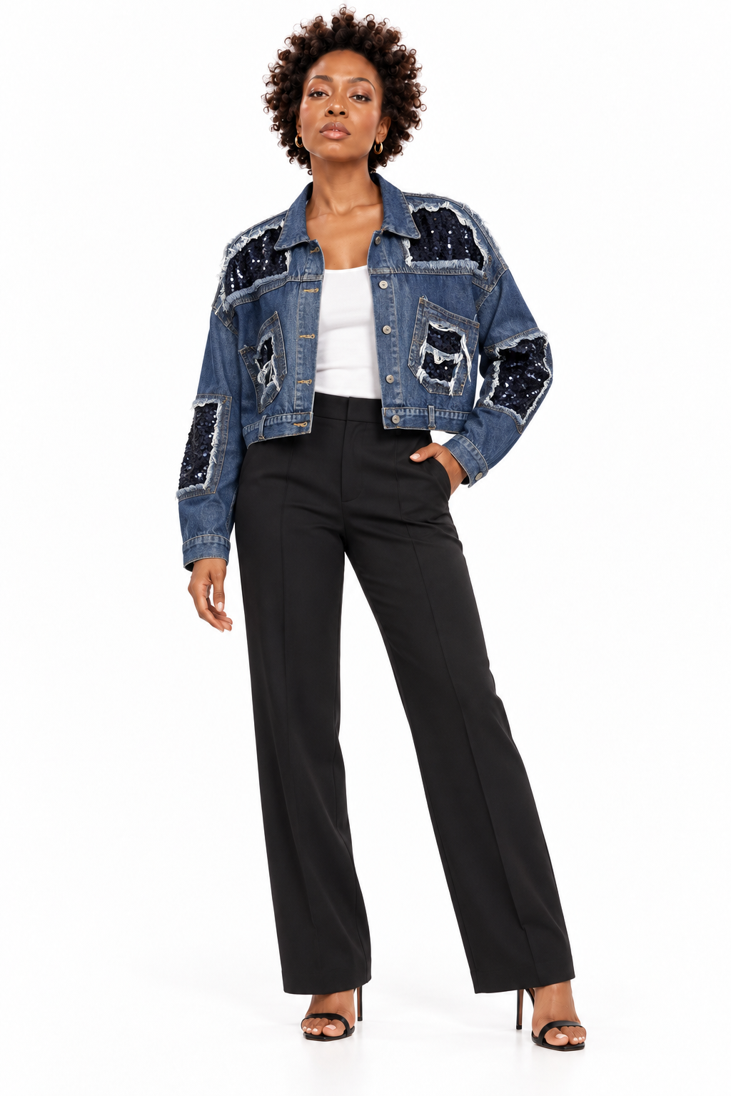 M2 BLUE DENIM DISTRESSED SEQUINED JACKET.   L