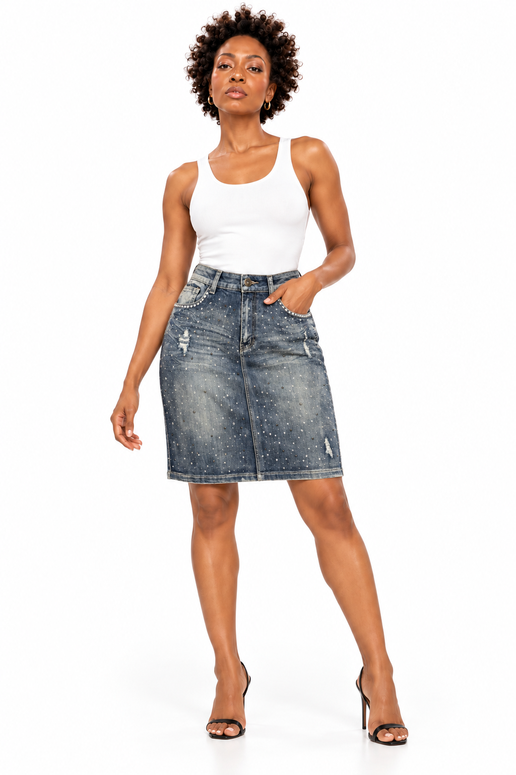 AS BLUE EMBELLISHED DISTRESSED DENIM SKIRT.    20W