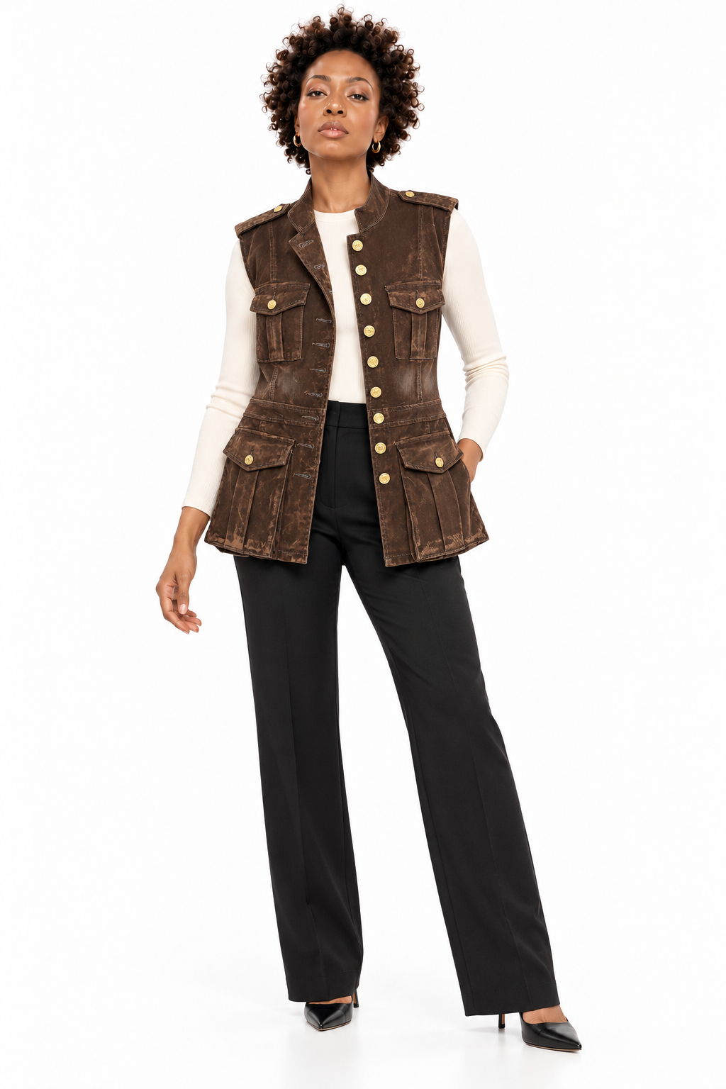 AKIRA BROWN SUEDE SLEEVELESS TOP.