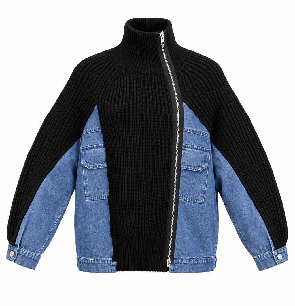 AKIRA Black and Blue Denim and Knit Jacket.   L