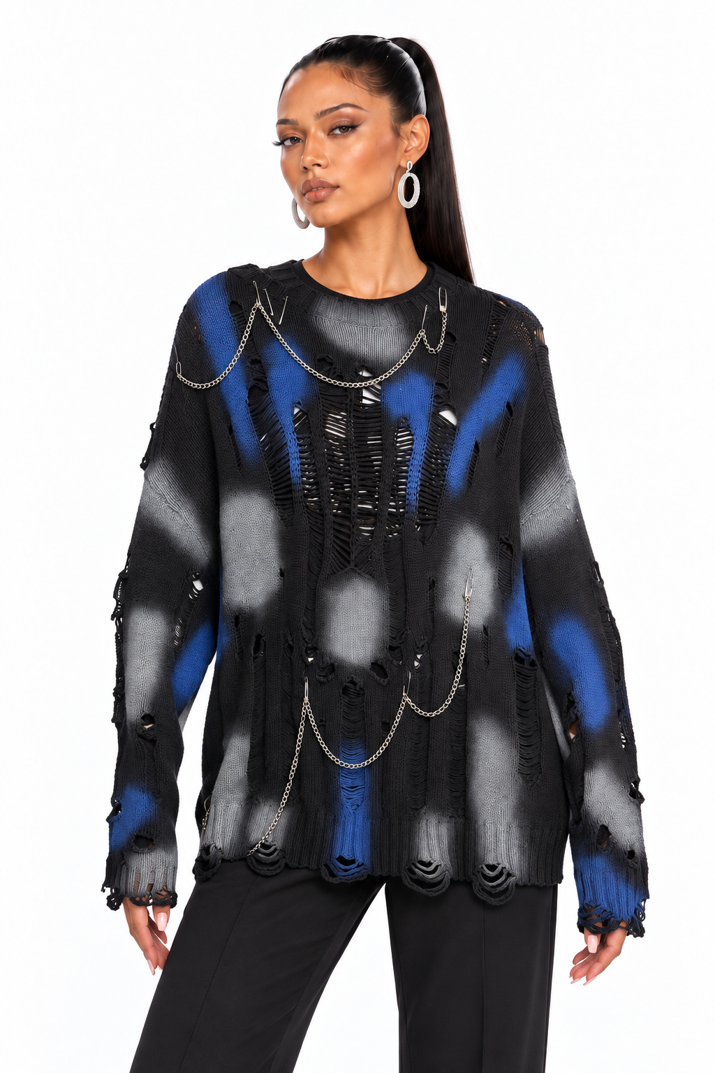 AKIRA BLUE AND BLACK DISTRESSED SWEATER WITH PINS/CHAINS.  XL