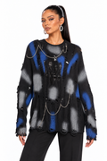 AKIRA BLUE AND BLACK DISTRESSED SWEATER WITH PINS/CHAINS.  XL