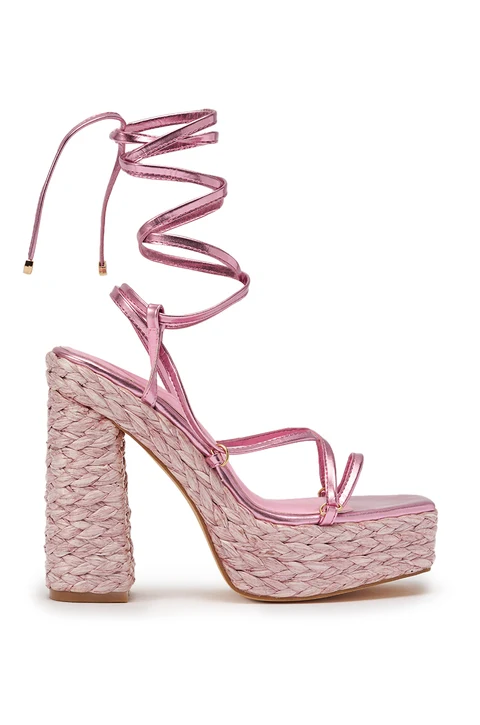 AKIRA GOLD ZAIDEE PINK PLATFORM RAFFIA LACE UP SANDAL 8.5