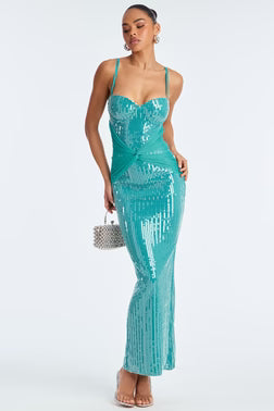 FN   Open Hearts Sequin Maxi Dress - Teal.   1X
