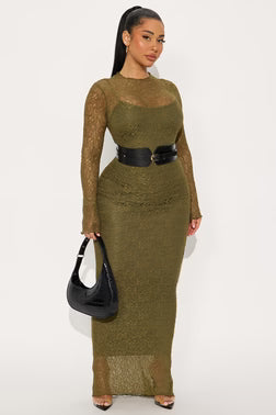 FN Tindra Belted Lace Maxi Dress - Olive.  XL