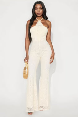 FN. Sunlit Crochet Flare Jumpsuit - Cream.  XL